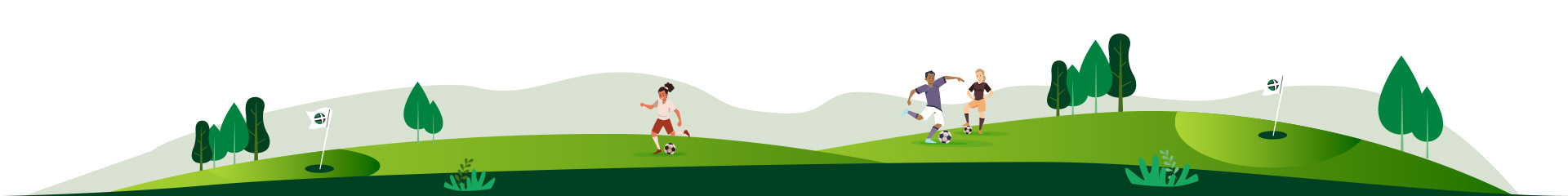 Booking Footgolf Devon League Illustration banner showing two golf wholes at either end of the fields and three players with a football each