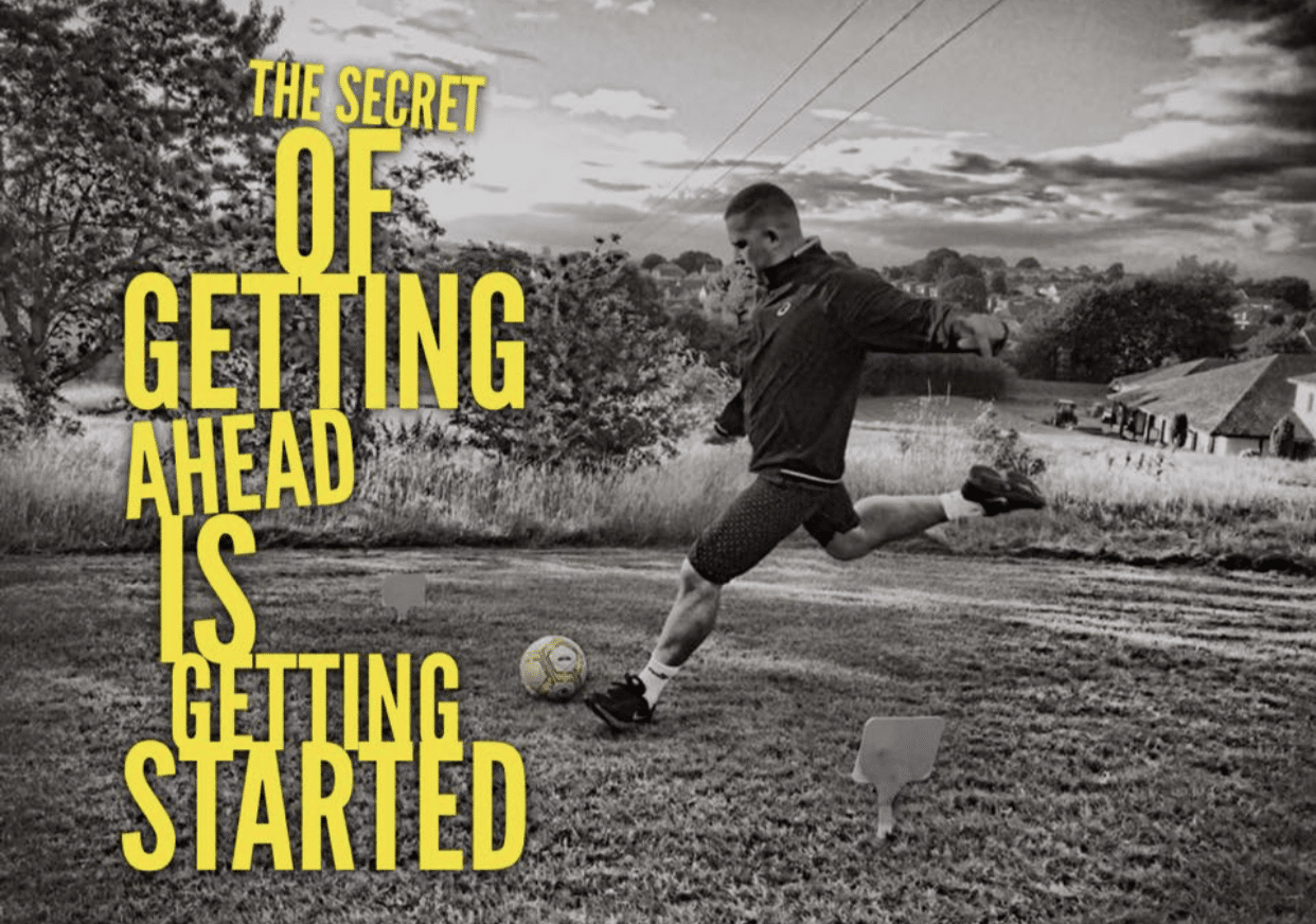 Guide to footgolf graphic over a black and white image of a guy midway through kicking a football
